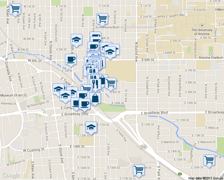 map of restaurants, bars, coffee shops, grocery stores, and more near 222 North 2nd Avenue in Tucson