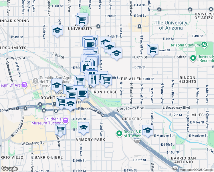 map of restaurants, bars, coffee shops, grocery stores, and more near 222 North 2nd Avenue in Tucson