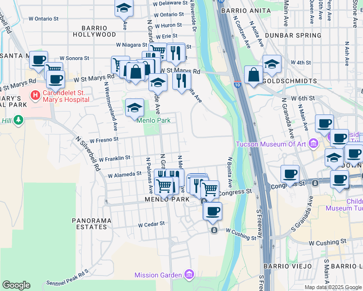 map of restaurants, bars, coffee shops, grocery stores, and more near 843 West Park Road in Tucson