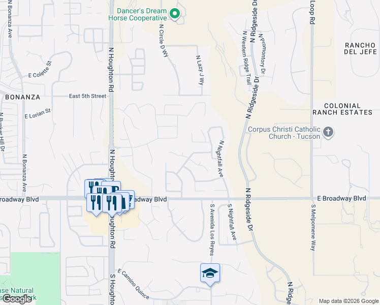 map of restaurants, bars, coffee shops, grocery stores, and more near 10627 East Northern Crest Drive in Tucson