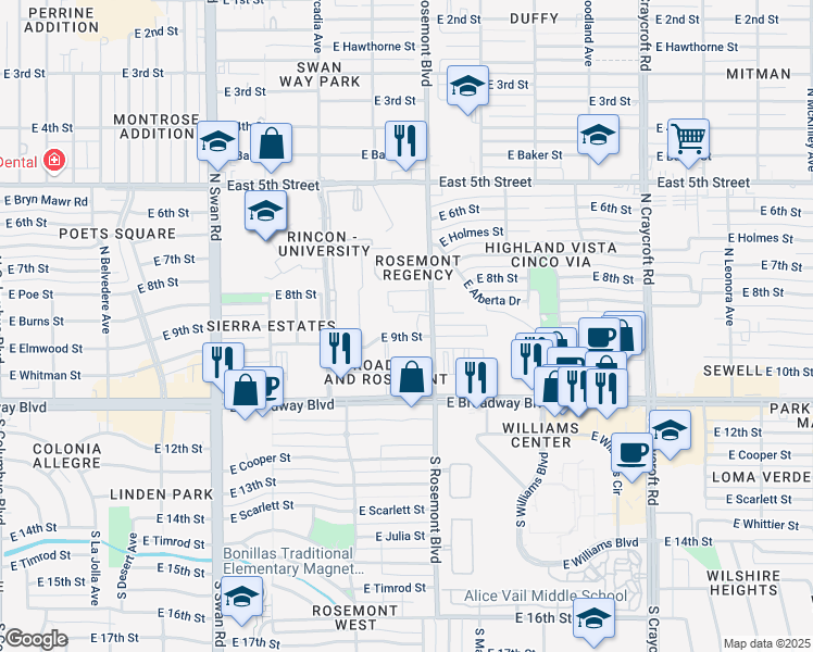 map of restaurants, bars, coffee shops, grocery stores, and more near 155 North Rosemont Boulevard in Tucson