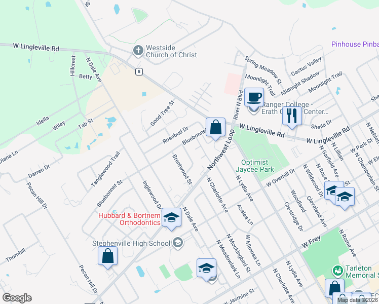 map of restaurants, bars, coffee shops, grocery stores, and more near 147 Willow Lane in Stephenville