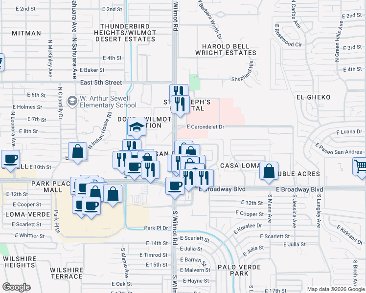 map of restaurants, bars, coffee shops, grocery stores, and more near 6301 East Paseo San Andrés in Tucson