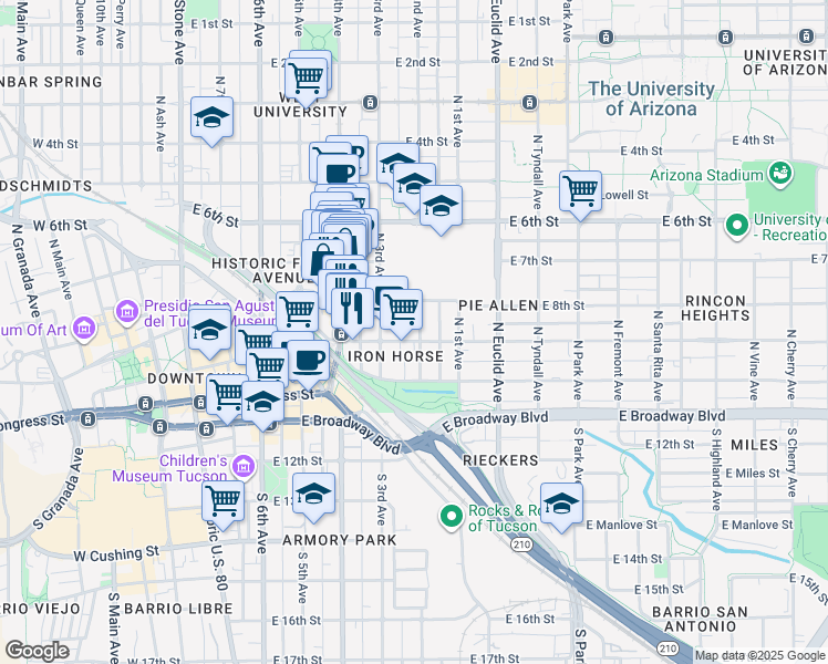 map of restaurants, bars, coffee shops, grocery stores, and more near 222 North 2nd Avenue in Tucson
