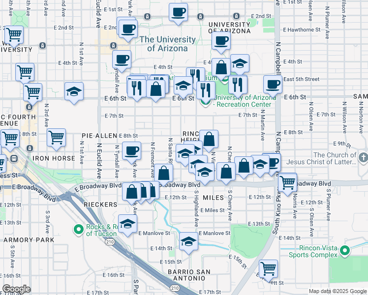 map of restaurants, bars, coffee shops, grocery stores, and more near 1312 East 8th Street in Tucson