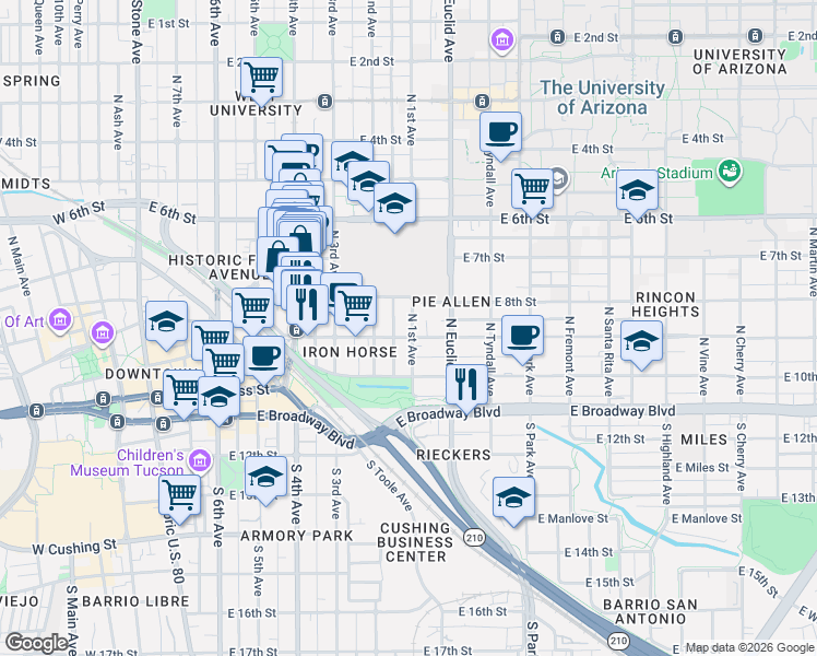 map of restaurants, bars, coffee shops, grocery stores, and more near 645 E 9th St in Tucson