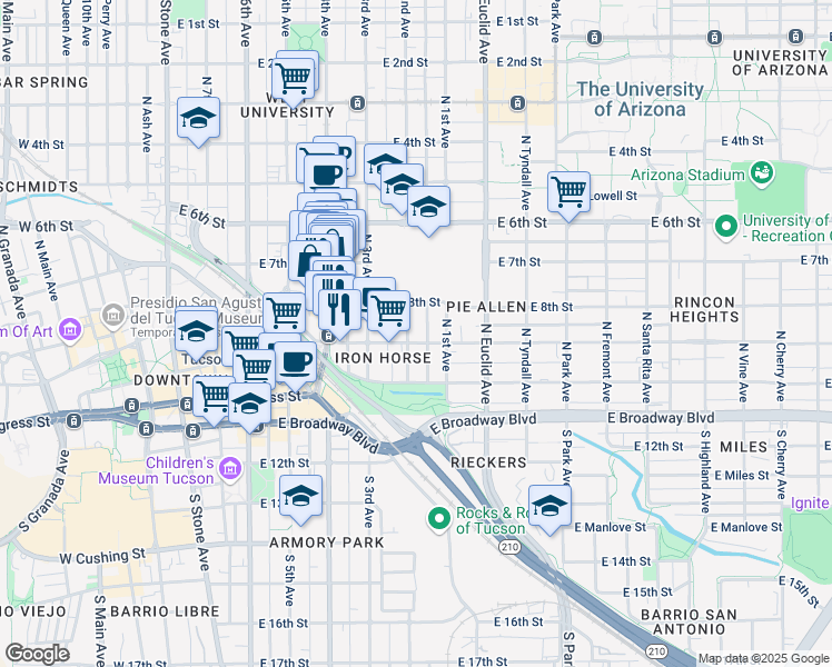 map of restaurants, bars, coffee shops, grocery stores, and more near 605 East 9th Street in Tucson