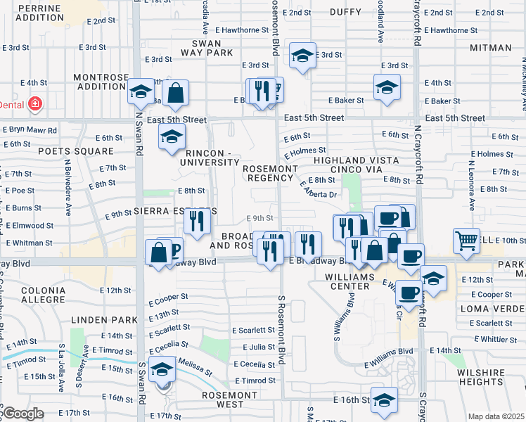 map of restaurants, bars, coffee shops, grocery stores, and more near 155 North Rosemont Boulevard in Tucson