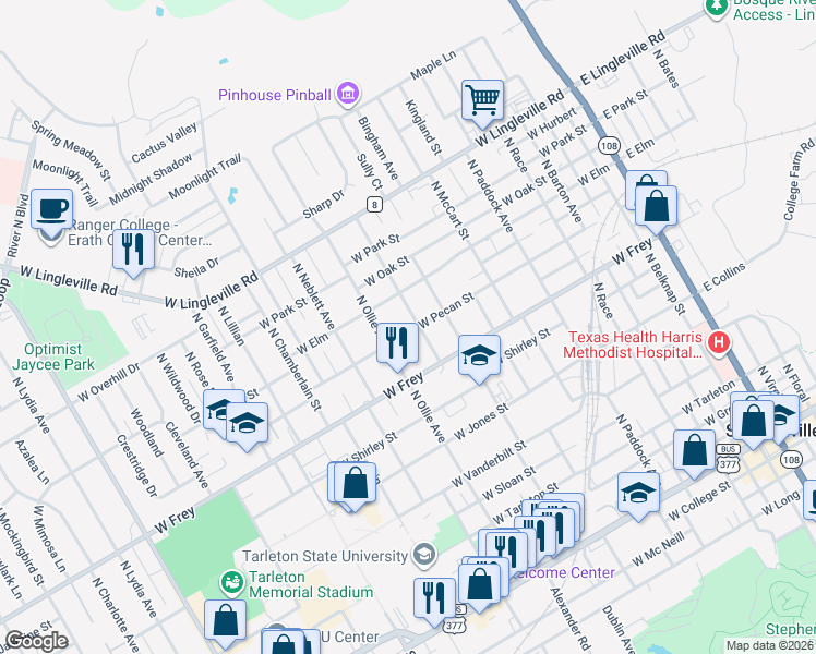 map of restaurants, bars, coffee shops, grocery stores, and more near 1030 North Kight Street in Stephenville