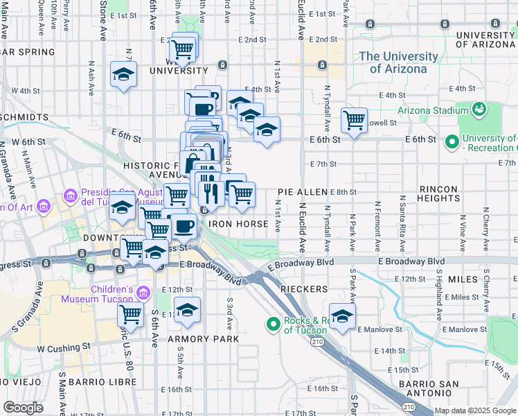 map of restaurants, bars, coffee shops, grocery stores, and more near 222 North 2nd Avenue in Tucson