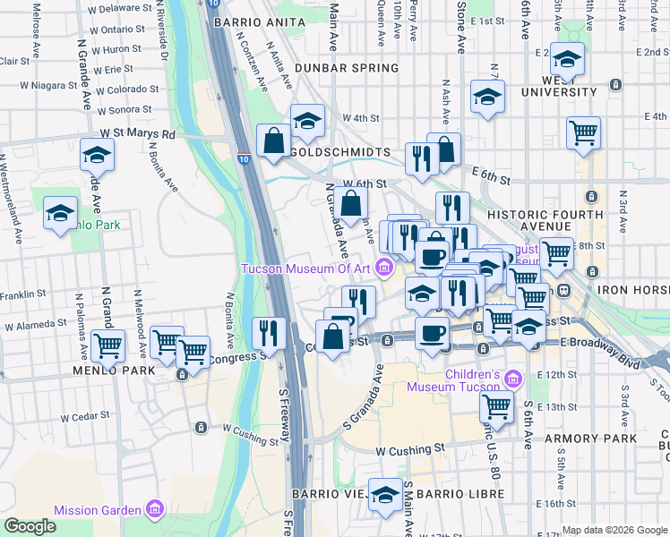 map of restaurants, bars, coffee shops, grocery stores, and more near 255 North Granada Avenue in Tucson