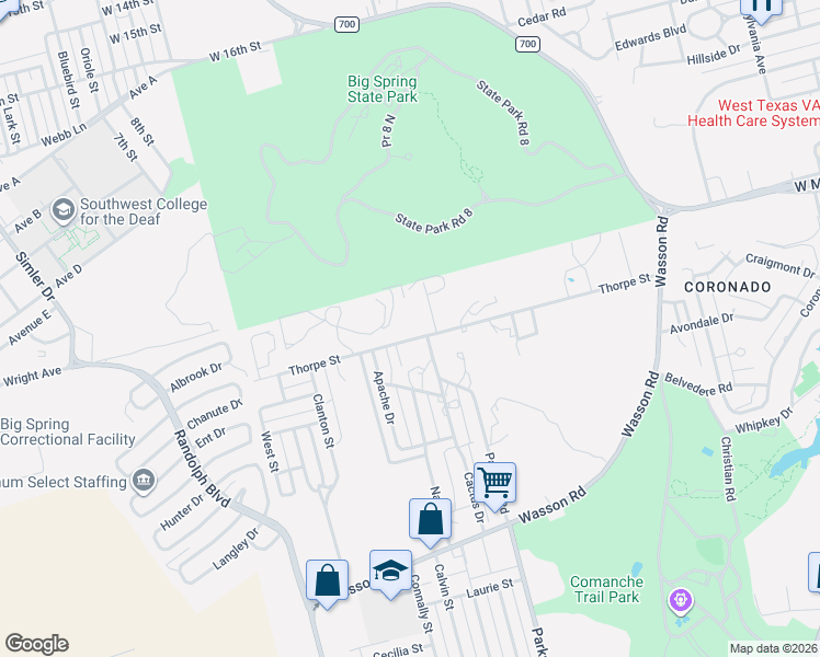 map of restaurants, bars, coffee shops, grocery stores, and more near 1900 Thorpe Street in Big Spring