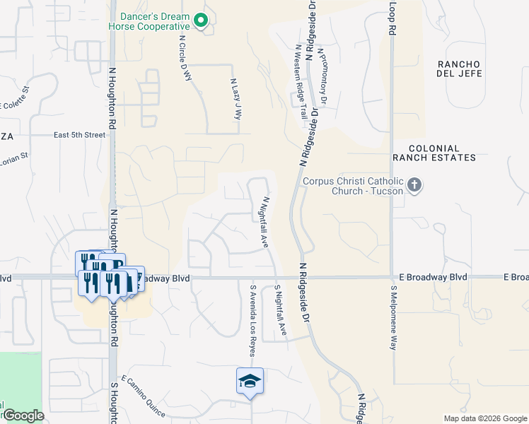 map of restaurants, bars, coffee shops, grocery stores, and more near 298 North Nightfall Avenue in Tucson