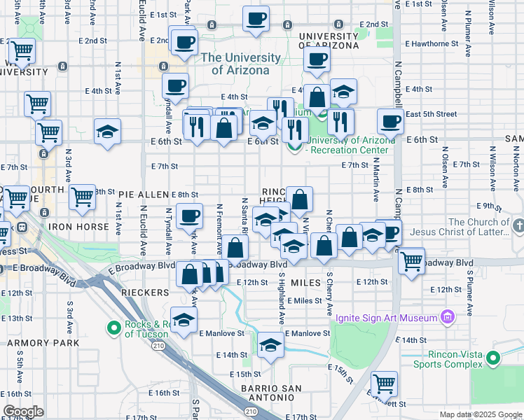 map of restaurants, bars, coffee shops, grocery stores, and more near 1312 East 8th Street in Tucson