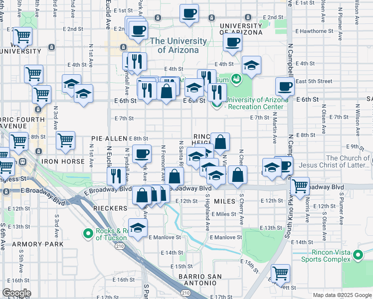 map of restaurants, bars, coffee shops, grocery stores, and more near 203 North Santa Rita Avenue in Tucson