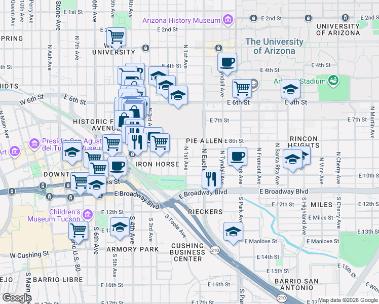 map of restaurants, bars, coffee shops, grocery stores, and more near 219 North 1st Avenue in Tucson