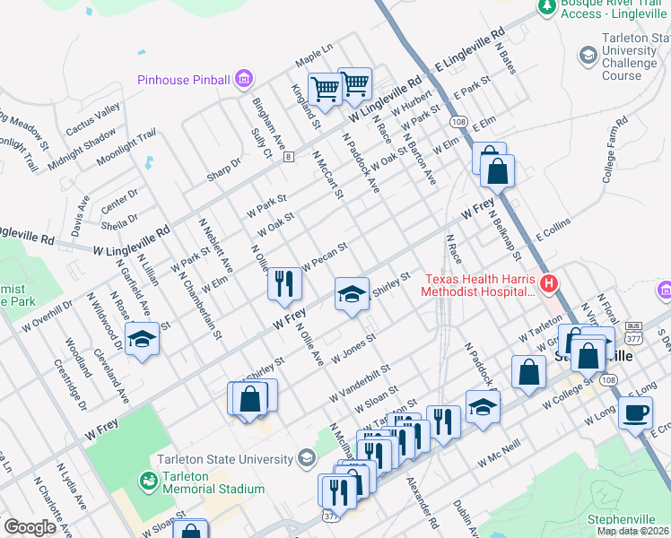 map of restaurants, bars, coffee shops, grocery stores, and more near 970 North Stephen Avenue in Stephenville