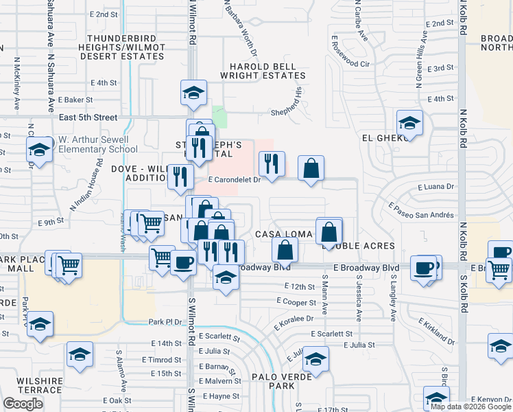 map of restaurants, bars, coffee shops, grocery stores, and more near 6437 East Cll De San Alberto in Tucson