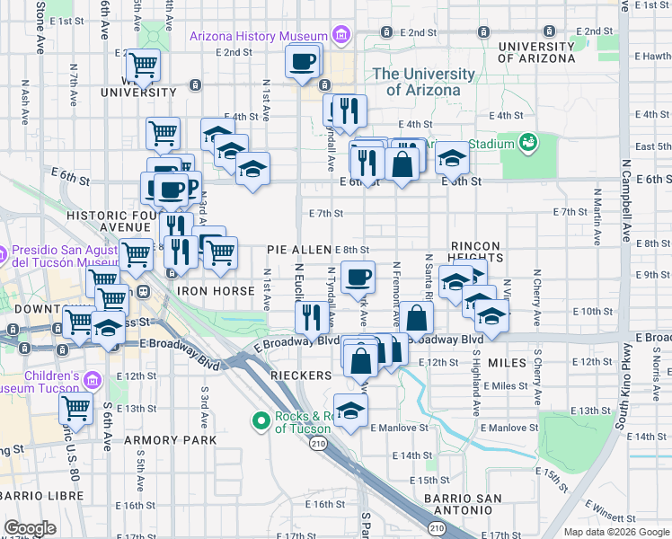 map of restaurants, bars, coffee shops, grocery stores, and more near 220 North Tyndall Avenue in Tucson