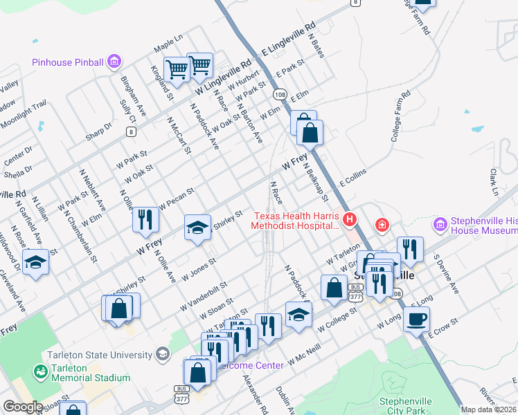 map of restaurants, bars, coffee shops, grocery stores, and more near 715 North Paddock Avenue in Stephenville