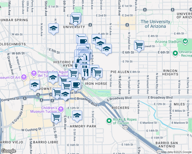 map of restaurants, bars, coffee shops, grocery stores, and more near 215 North Bean Avenue in Tucson