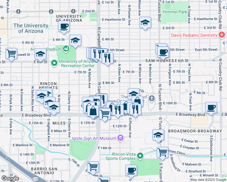 map of restaurants, bars, coffee shops, grocery stores, and more near 217 North Olsen Avenue in Tucson