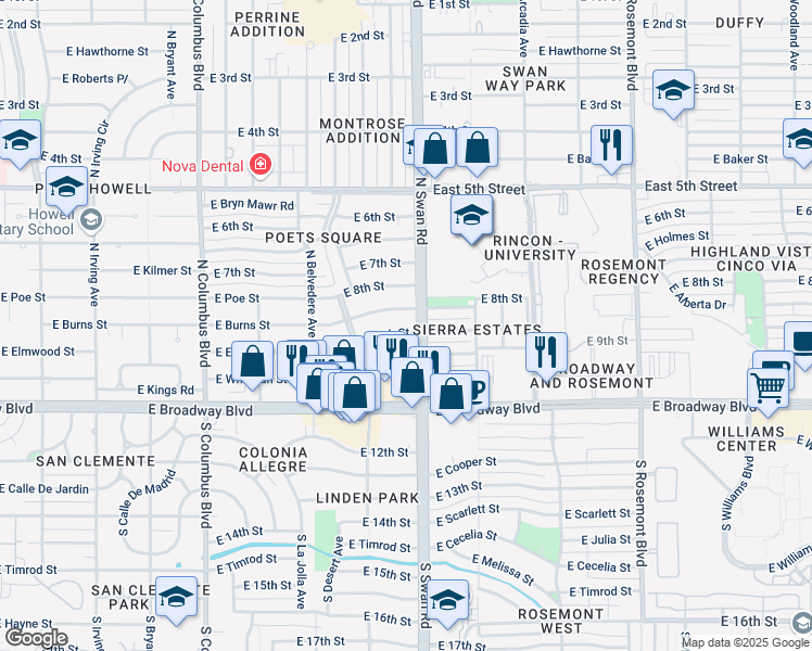 map of restaurants, bars, coffee shops, grocery stores, and more near 4649 East 9th Street in Tucson