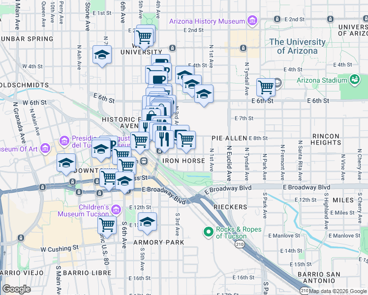 map of restaurants, bars, coffee shops, grocery stores, and more near 217 North Bean Avenue in Tucson