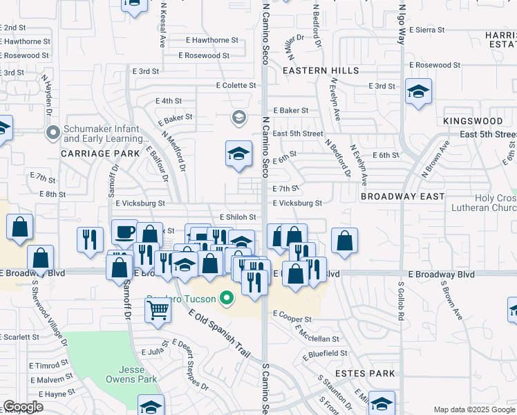 map of restaurants, bars, coffee shops, grocery stores, and more near 260 North Camino Seco in Tucson