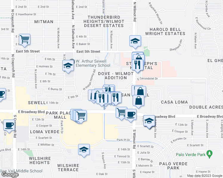 map of restaurants, bars, coffee shops, grocery stores, and more near 201 North Wilmot Road in Tucson