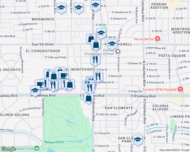 map of restaurants, bars, coffee shops, grocery stores, and more near 3855 East Calle Cortez in Tucson