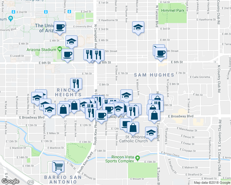 map of restaurants, bars, coffee shops, grocery stores, and more near 217 North Olsen Avenue in Tucson