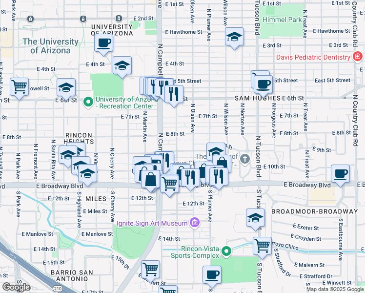 map of restaurants, bars, coffee shops, grocery stores, and more near 217 North Olsen Avenue in Tucson