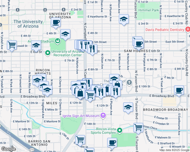 map of restaurants, bars, coffee shops, grocery stores, and more near 217 North Olsen Avenue in Tucson