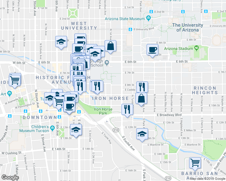 map of restaurants, bars, coffee shops, grocery stores, and more near 219 North 1st Avenue in Tucson
