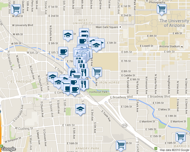 map of restaurants, bars, coffee shops, grocery stores, and more near 218 North 3rd Avenue in Tucson