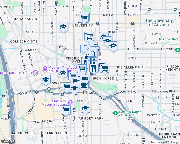 map of restaurants, bars, coffee shops, grocery stores, and more near 228 North 4th Avenue in Tucson