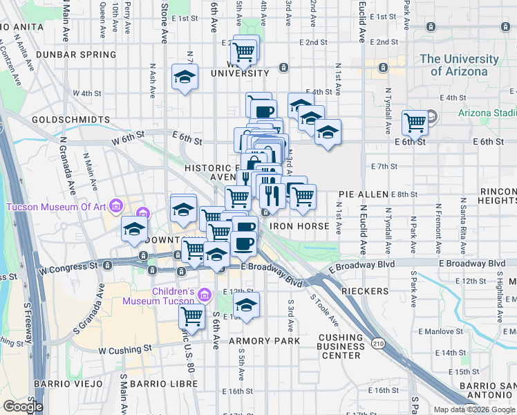 map of restaurants, bars, coffee shops, grocery stores, and more near 228 North 4th Avenue in Tucson