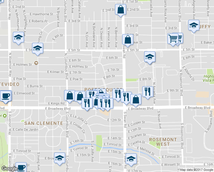 map of restaurants, bars, coffee shops, grocery stores, and more near 4544 East Burns Street in Tucson