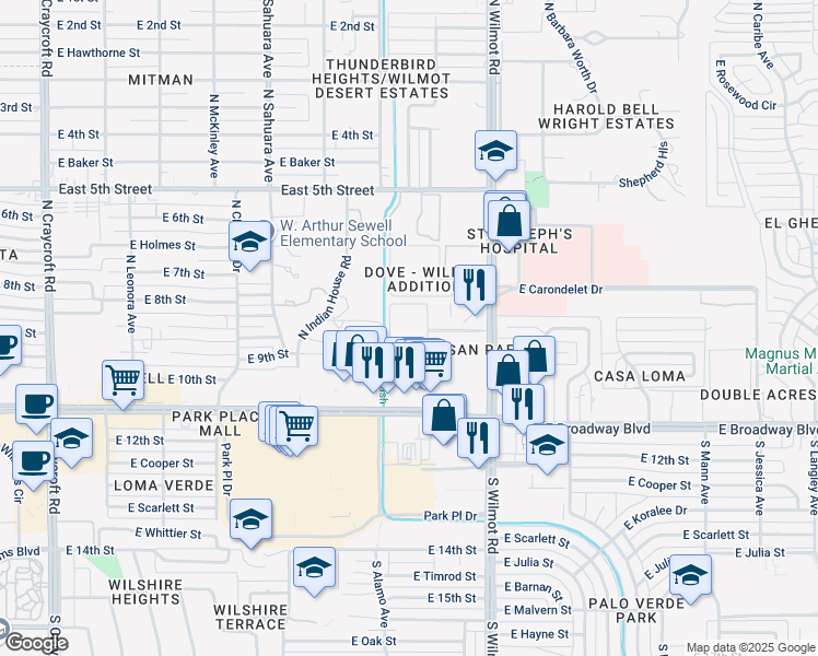 map of restaurants, bars, coffee shops, grocery stores, and more near 201 North Wilmot Road in Tucson