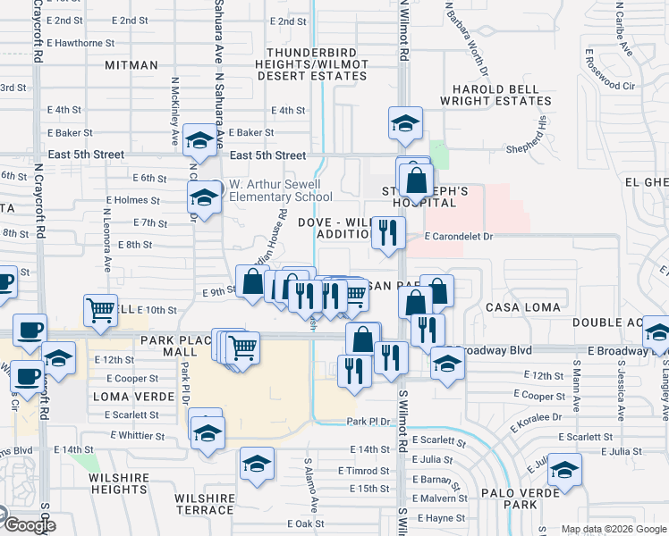 map of restaurants, bars, coffee shops, grocery stores, and more near 201 North Wilmot Road in Tucson