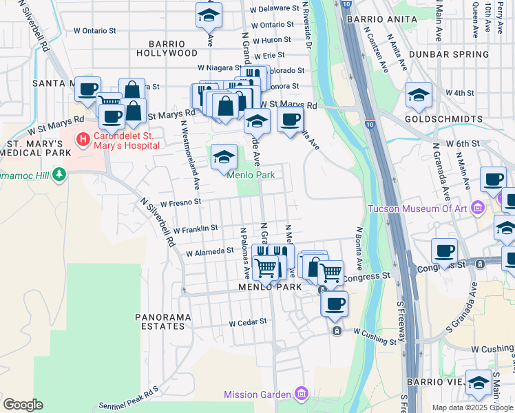 map of restaurants, bars, coffee shops, grocery stores, and more near 239 North Grande Avenue in Tucson