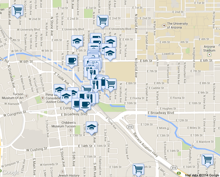 map of restaurants, bars, coffee shops, grocery stores, and more near 217 N Bean Ave in Tucson