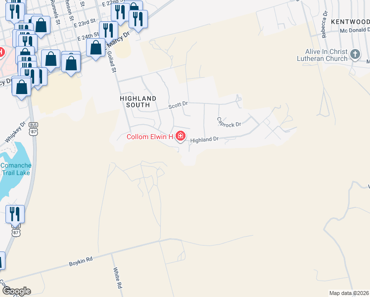 map of restaurants, bars, coffee shops, grocery stores, and more near 614 Highland Drive in Big Spring