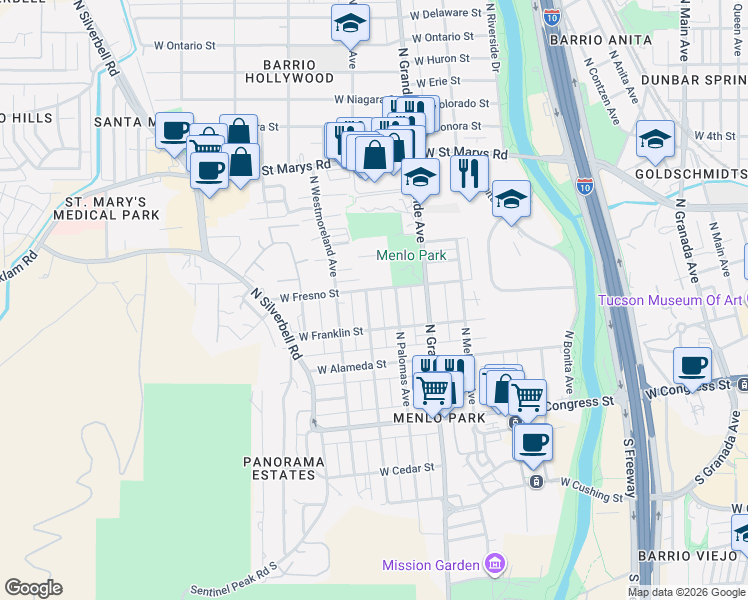 map of restaurants, bars, coffee shops, grocery stores, and more near 248 North Melrose Avenue in Tucson