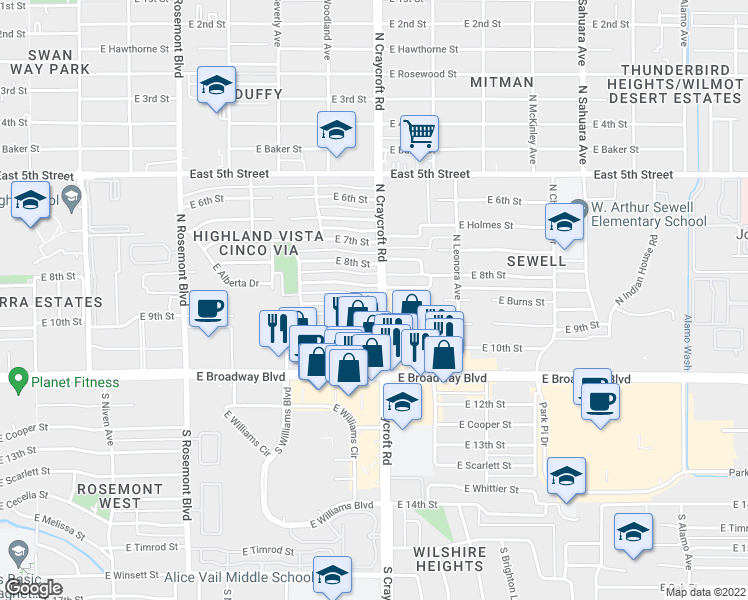 map of restaurants, bars, coffee shops, grocery stores, and more near 5457 E 9th St in Tucson