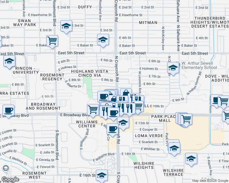 map of restaurants, bars, coffee shops, grocery stores, and more near 5457 East 9th Street in Tucson