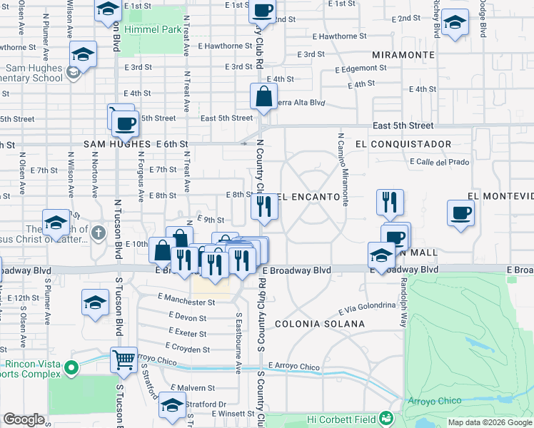 map of restaurants, bars, coffee shops, grocery stores, and more near 314 North Country Club Road in Tucson