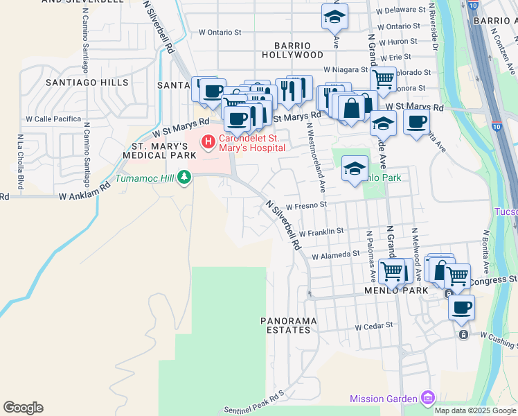 map of restaurants, bars, coffee shops, grocery stores, and more near 345 West West Street in Tucson