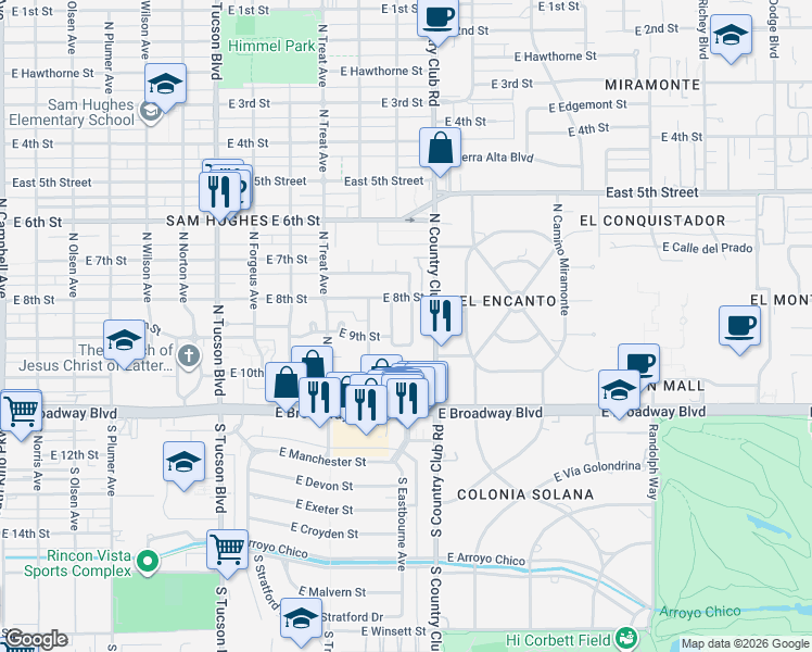 map of restaurants, bars, coffee shops, grocery stores, and more near 234 North Harris Avenue in Tucson
